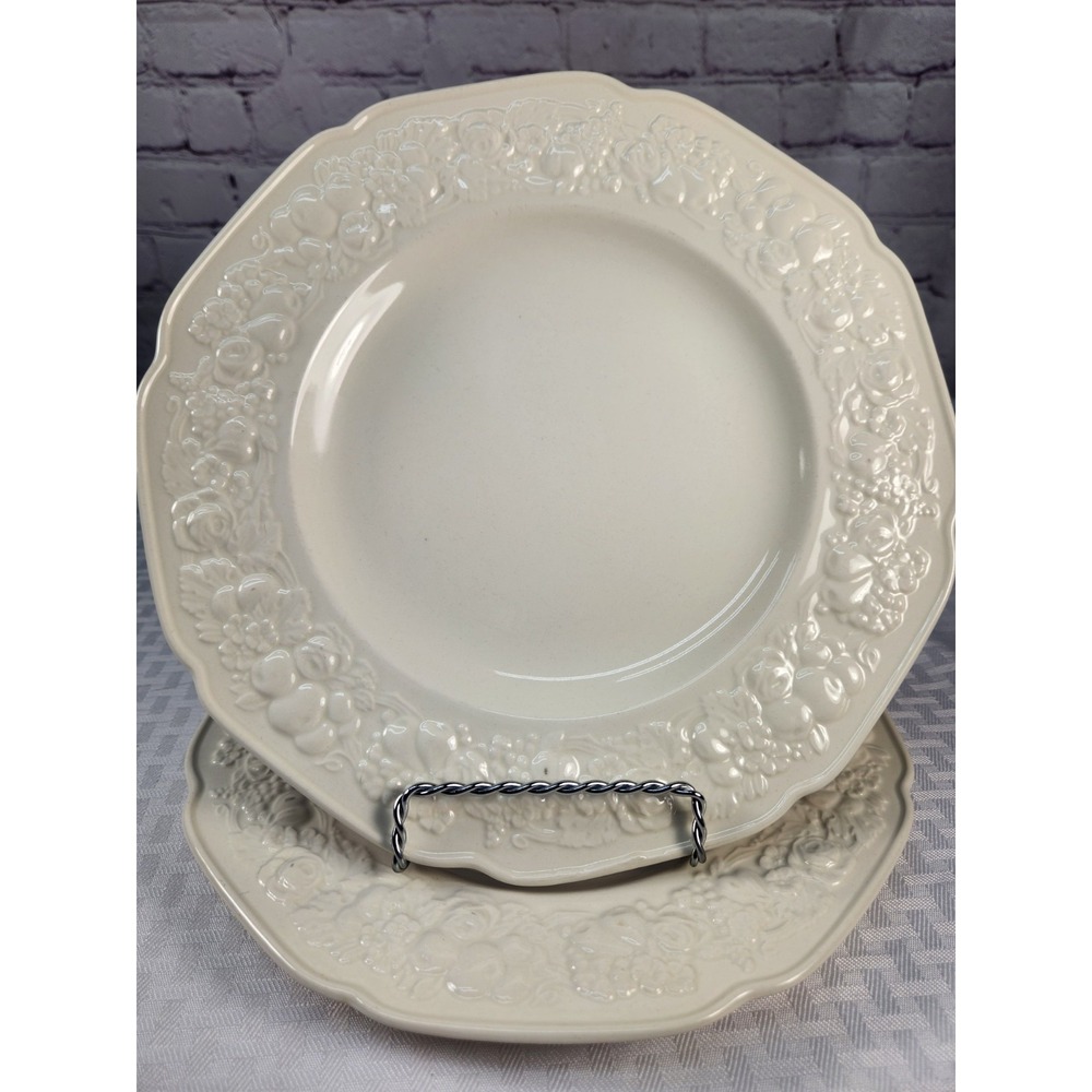 Vintage Crown Ducal Florentine Cream Dinner Plates Embossed Fruit Floral Set 2
